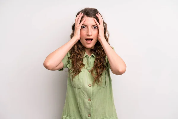 Young Adult Pretty Woman Feeling Horrified Shocked Raising Hands Head —  Fotos de Stock