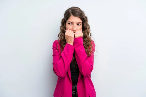 Young Adult Pretty Woman Looking Worried Anxious Stressed Afraid Biting — Stock Photo, Image