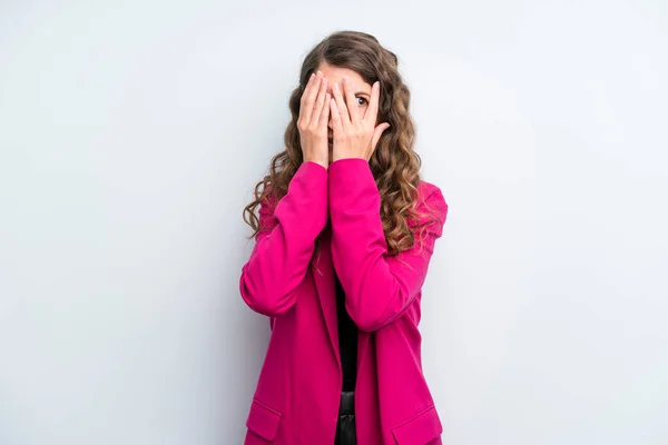 Young Adult Pretty Woman Covering Face Hands Peeking Fingers Surprised — Stock Photo, Image