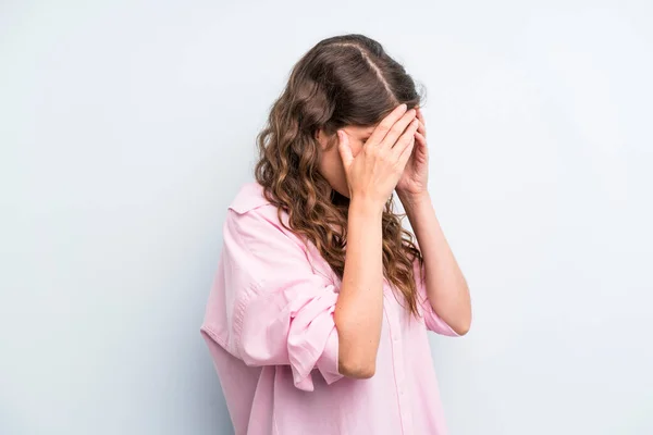 Young Adult Pretty Woman Covering Eyes Hands Sad Frustrated Look — Stockfoto