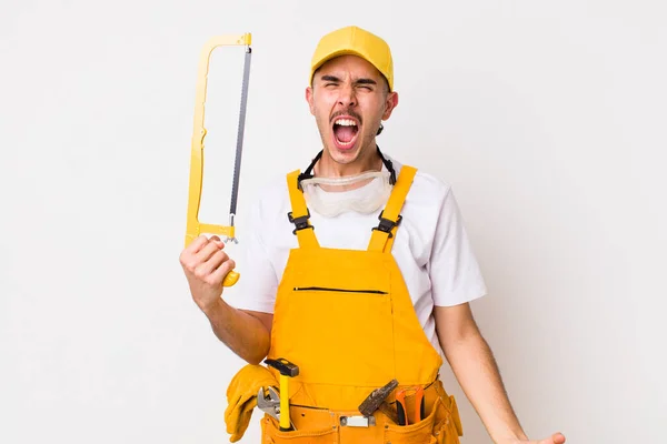 Young Adult Handsome Man Saw Handyman Concept — Foto Stock