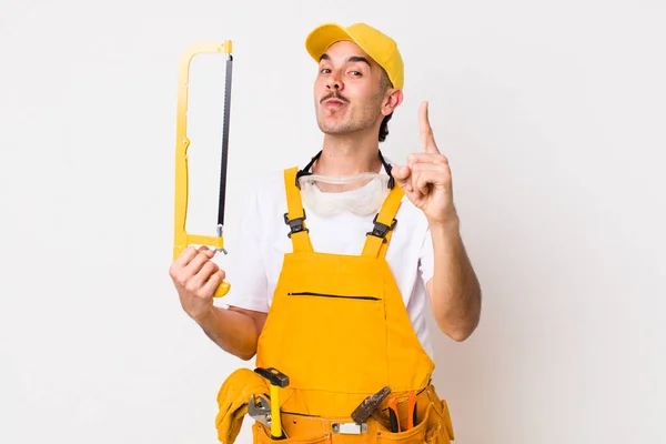 Young Adult Handsome Man Saw Handyman Concept — Foto de Stock