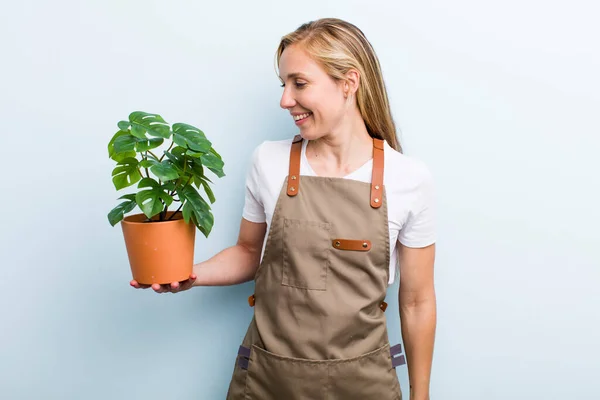 Young Blonde Woman Plants Gardering Concept — Photo