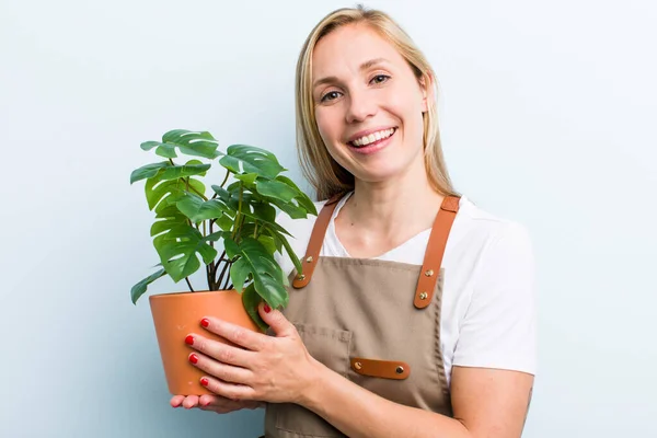 Young Blonde Woman Plants Gardering Concept — Fotografia de Stock