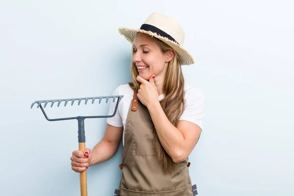 Young Blonde Woman Rake Farmer Concept —  Fotos de Stock