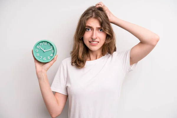 Young Girl Holding Alarm Clock Wake Concept — Stock Fotó