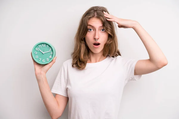 Young Girl Holding Alarm Clock Wake Concept — Stock fotografie