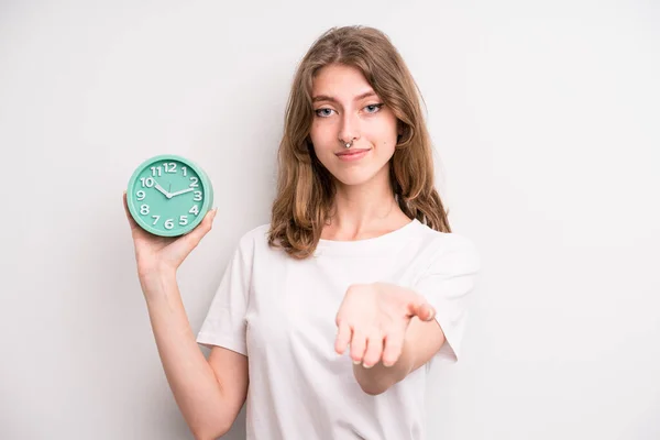 Young Girl Holding Alarm Clock Wake Concept — ストック写真