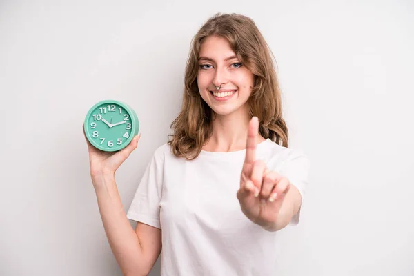 Young Girl Holding Alarm Clock Wake Concept — Foto Stock