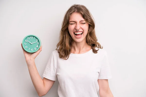 Young Girl Holding Alarm Clock Wake Concept — Stock Fotó