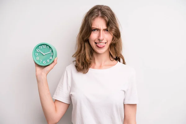 Young Girl Holding Alarm Clock Wake Concept — Stockfoto