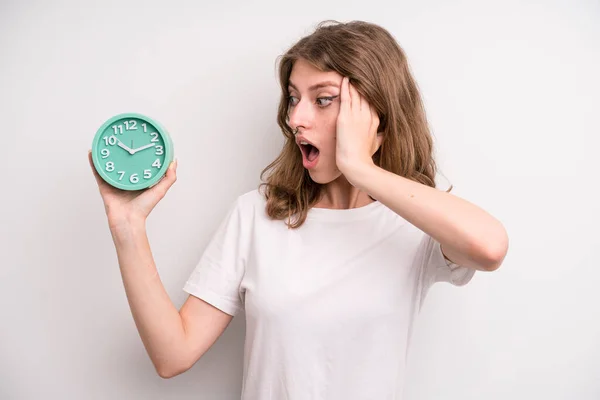 Young Girl Holding Alarm Clock Wake Concept — Zdjęcie stockowe