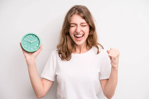 Young Girl Holding Alarm Clock Wake Concept — Stock Fotó