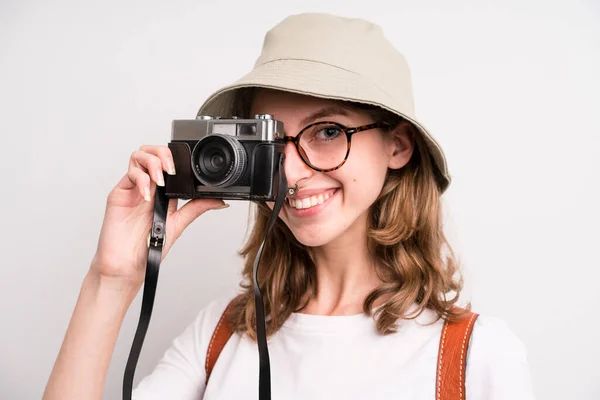 Young Girl Wphotographer Tourism Concept — Foto Stock