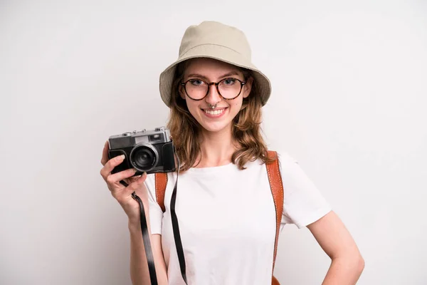 Young Girl Wphotographer Tourism Concept — Stock Fotó