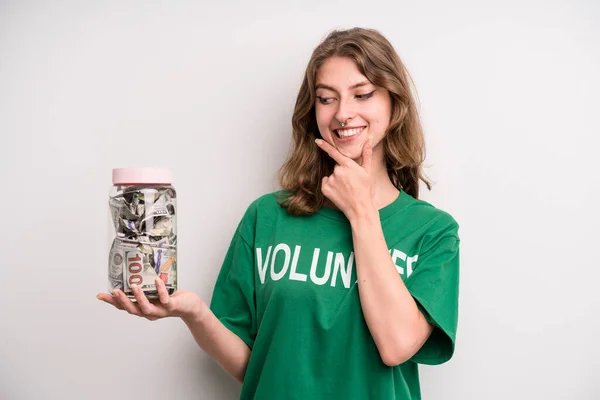 Young Girl Donation Banknotes Bottle Volunteer Concept — Fotografia de Stock