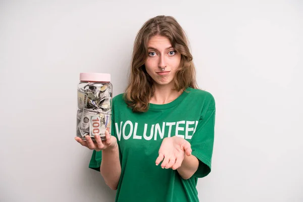 Young Girl Donation Banknotes Bottle Volunteer Concept — Stok fotoğraf