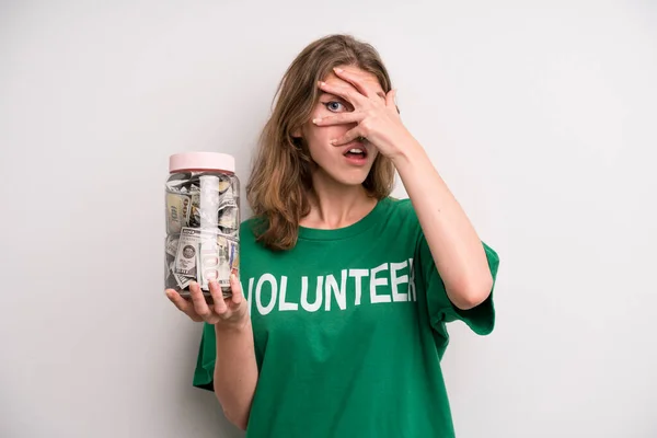 Young Girl Donation Banknotes Bottle Volunteer Concept — Foto de Stock