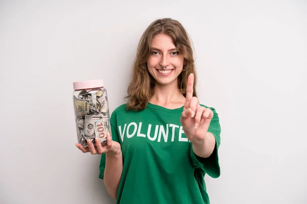 Young Girl Donation Banknotes Bottle Volunteer Concept — Photo