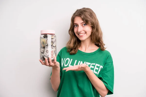 Young Girl Donation Banknotes Bottle Volunteer Concept — 스톡 사진