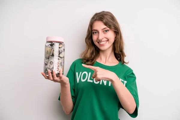 Young Girl Donation Banknotes Bottle Volunteer Concept — 스톡 사진