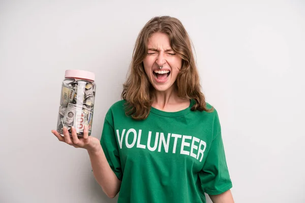 Young Girl Donation Banknotes Bottle Volunteer Concept — Photo