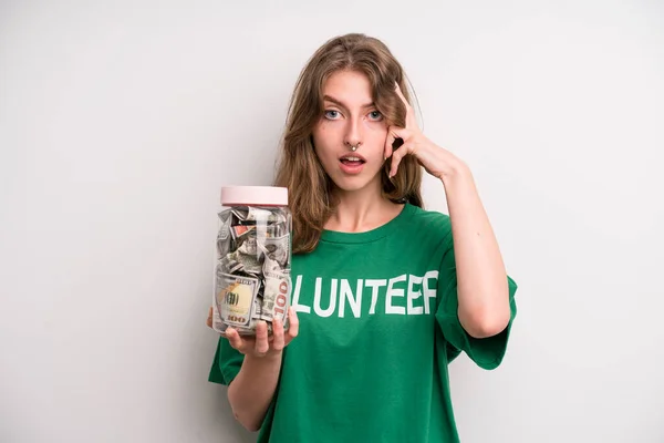 Young Girl Donation Banknotes Bottle Volunteer Concept — Fotografia de Stock