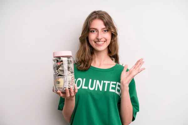 Young Girl Donation Banknotes Bottle Volunteer Concept — Photo