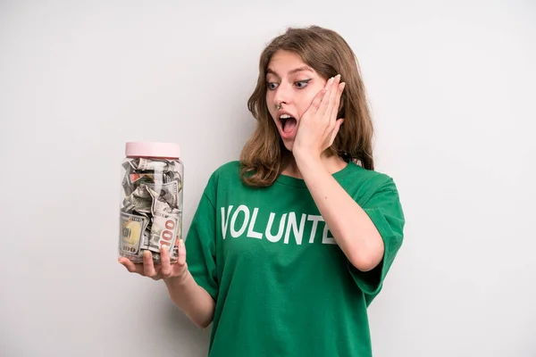 Young Girl Donation Banknotes Bottle Volunteer Concept — Foto de Stock