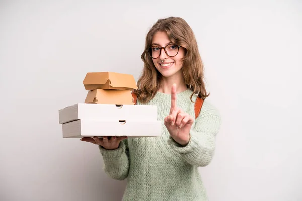 Young Girl Pizzas Burgers Take Away Fast Food Concept — ストック写真