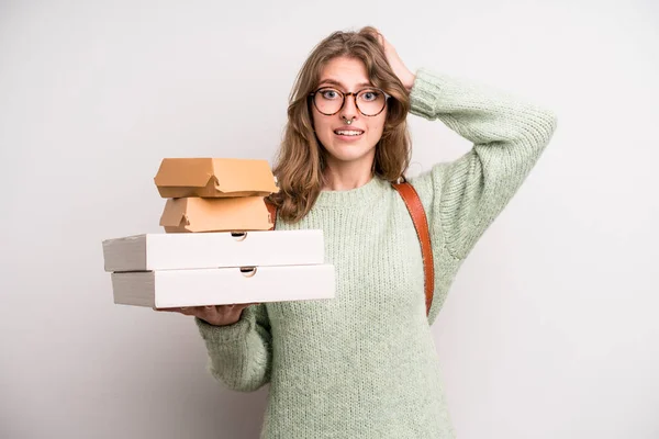 Young Girl Pizzas Burgers Take Away Fast Food Concept — Photo