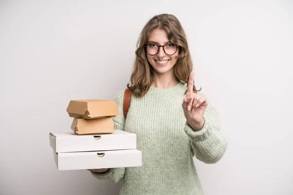 Young Girl Pizzas Burgers Take Away Fast Food Concept — Stock Photo, Image