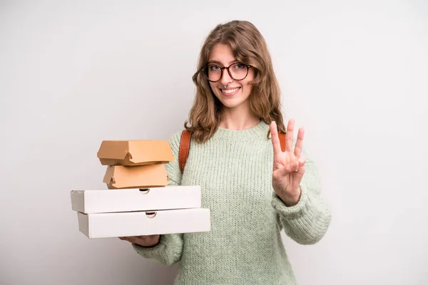 Young Girl Pizzas Burgers Take Away Fast Food Concept — Stock Photo, Image