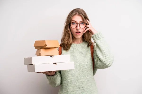 Young Girl Pizzas Burgers Take Away Fast Food Concept — Fotografia de Stock