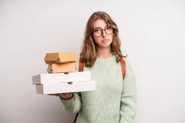 Young Girl Pizzas Burgers Take Away Fast Food Concept — Foto de Stock