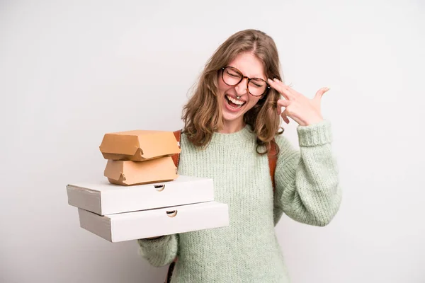 Young Girl Pizzas Burgers Take Away Fast Food Concept — Stock Photo, Image