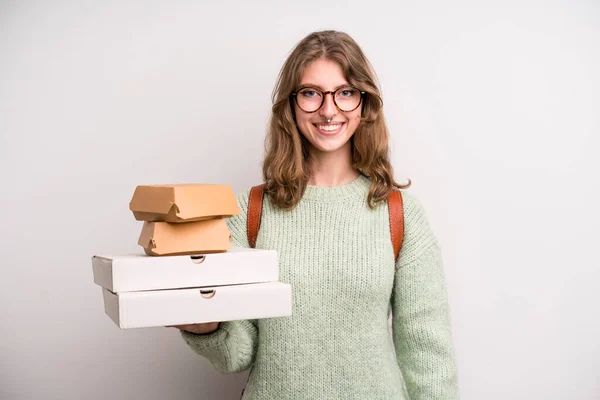 Young Girl Pizzas Burgers Take Away Fast Food Concept — Stock Photo, Image