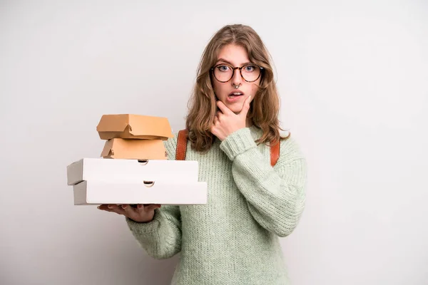 Young Girl Pizzas Burgers Take Away Fast Food Concept — Stockfoto