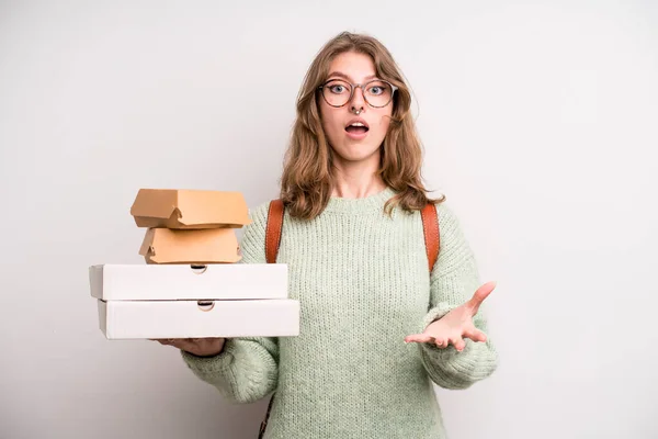 Young Girl Pizzas Burgers Take Away Fast Food Concept — Stockfoto