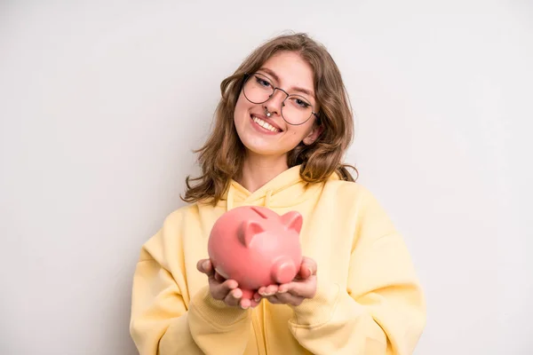 Young Girl Piggy Bank Savings Concept — Stock fotografie