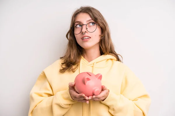 Young Girl Piggy Bank Savings Concept — Stok fotoğraf