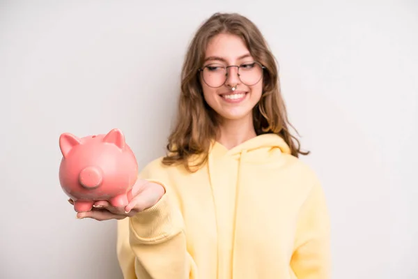 Young Girl Piggy Bank Savings Concept — Stok fotoğraf