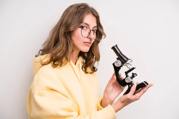 Young Girl Scients Student Microscope — Stock Photo, Image