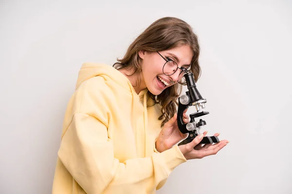 Young Girl Scients Student Microscope — Stockfoto