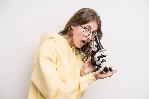 Young Girl Scients Student Microscope — 스톡 사진