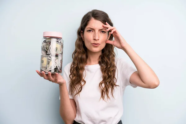 Pretty Young Adult Woman Dollar Banknotes Bottle Savings Concept — Fotografia de Stock