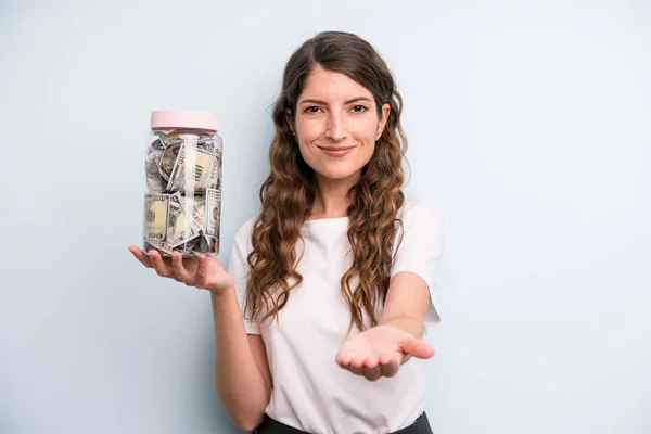 Pretty Young Adult Woman Dollar Banknotes Bottle Savings Concept — Foto Stock