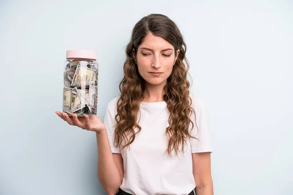 Pretty Young Adult Woman Dollar Banknotes Bottle Savings Concept — Stok fotoğraf
