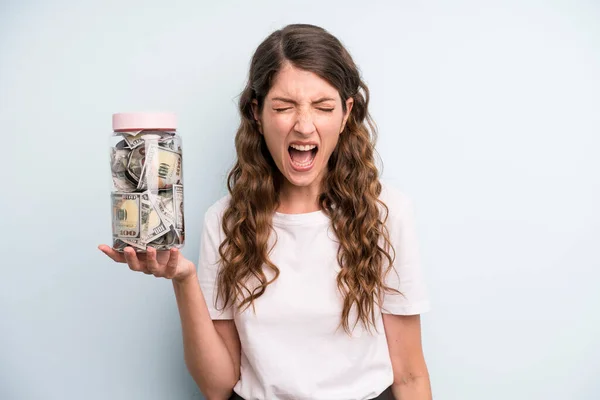 Pretty Young Adult Woman Dollar Banknotes Bottle Savings Concept — Stockfoto