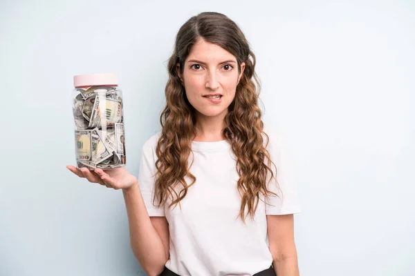 Pretty Young Adult Woman Dollar Banknotes Bottle Savings Concept — Foto Stock